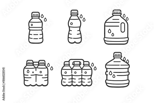 Collection of water bottle icons with droplets