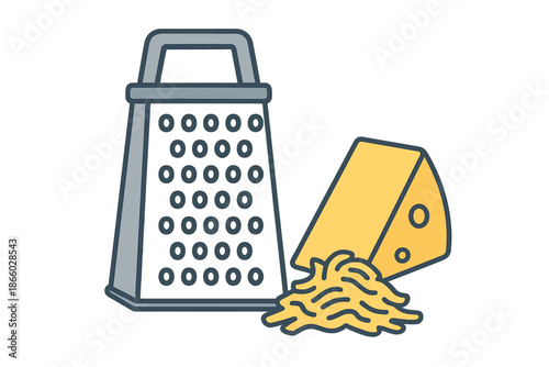 Cheese grater with grated cheese and cheese wedge