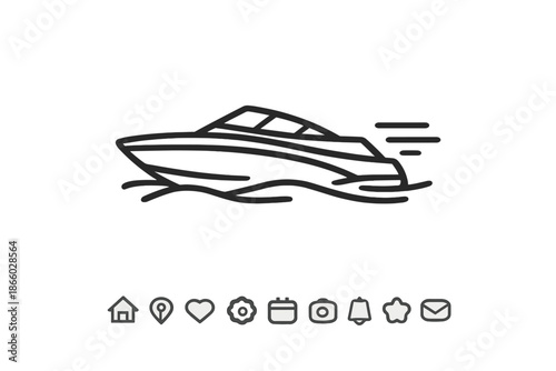Line art boat icon with speed lines and navigation icons