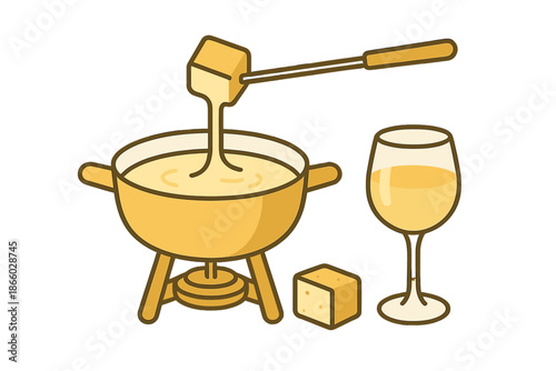 Cheese Fondue and Wine Icon Set