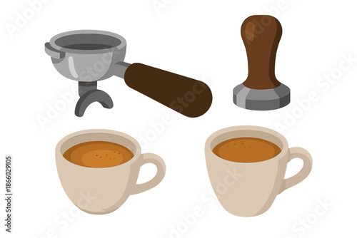 Espresso making tools and finished drinks