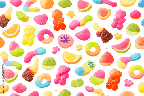 Colorful Assorted Candies Scattered on a Vibrant Gradient Background
