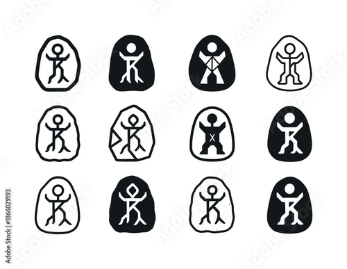 Giant Emblem Icons. Tales of giants. Icon set. Set Logo of Tales of giants: ancient rune stone. harmonious logo variations of the same emblematic concept, each