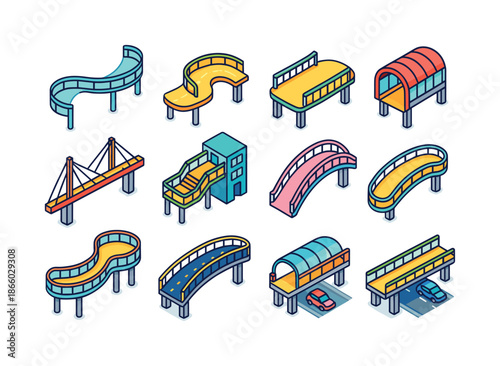 Suspended Pathways Icons. Suspended pathways. Colorful isometric vector icons set of suspended pathways: transparent sky path, curved walkway, long span