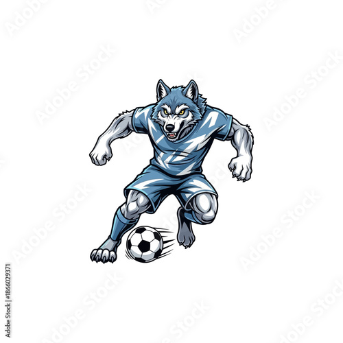 Illustration of a wolf character playing soccer with dynamic movement.