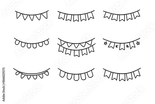 Collection of Nine Decorative Bunting Flags on Gray Background