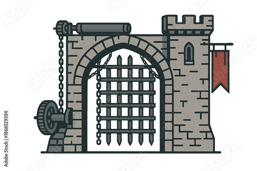 Medieval Castle Gate with Portcullis and Mechanism