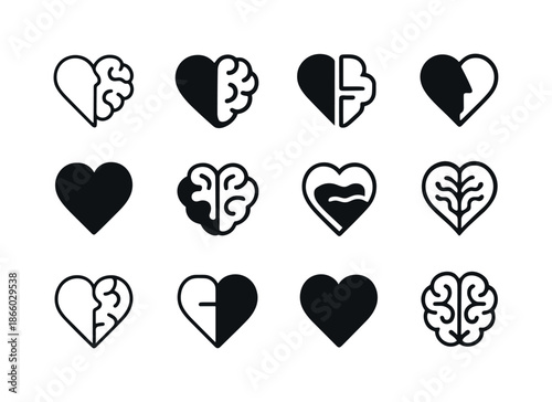 Heart-Mind Connection Icons. Understanding the psychology of attraction. Icon set. Set Logo of understanding the psychology of attraction: heart?mind