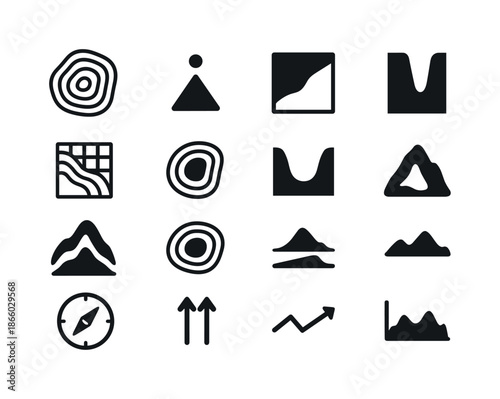 Topographic Icon Set. Topography. Solid icon set of Topography: contour lines, elevation mark, slope icon, terrain grid, hillshade map, valley icon, peak