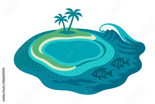 Stylized tropical island with palm trees and fish in glowing ocean