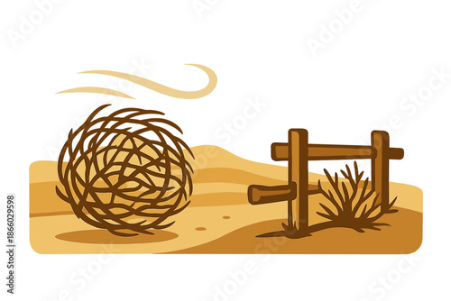 Tumbleweed and rustic fence in a desert landscape