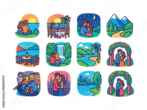 Romantic Icon Grid. Romantic views. Colorful isometric vector icons set of romantic views: couple watching sunset, ocean view dinner, starlit night scene,