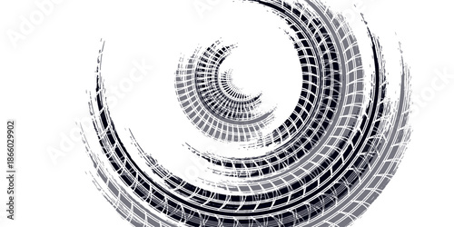 Tire track. Car, bike, motorcycle tyre mark with grunge effect isolated on white background. Wheel footprint on the road. Top view of rubber protector mark