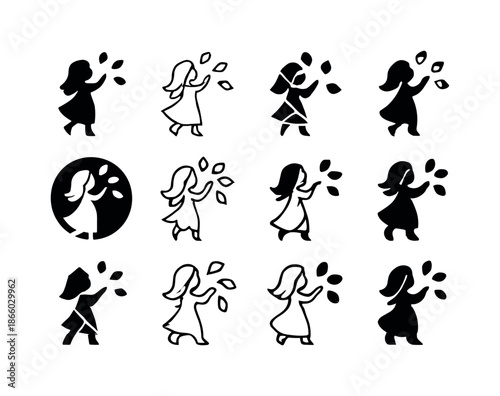 Flower Girl Icons. Flower Girl. Icon set. Set Logo of Flower Girl: girl tossing petals in circle. harmonious logo variations of the same emblematic concept,