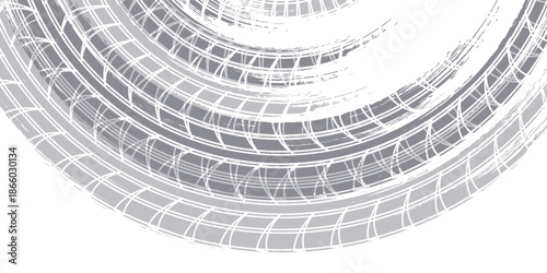 Tire track. Car, bike, motorcycle tyre mark with grunge effect isolated on white background. Wheel footprint on the road. Top view of rubber protector mark