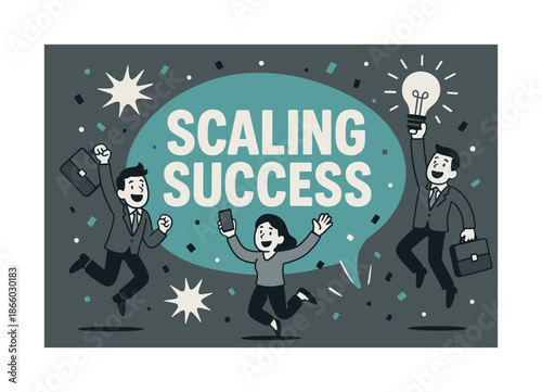 Celebratory Success Banner. Scaling success banner, flat vector illustration, bold oversized text inside rounded blob, cartoon characters jumping and