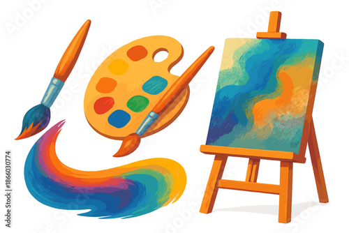 Artistic concept of painting tools and canvas on easel