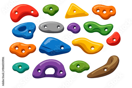 Collection of colorful climbing holds on a gradient background