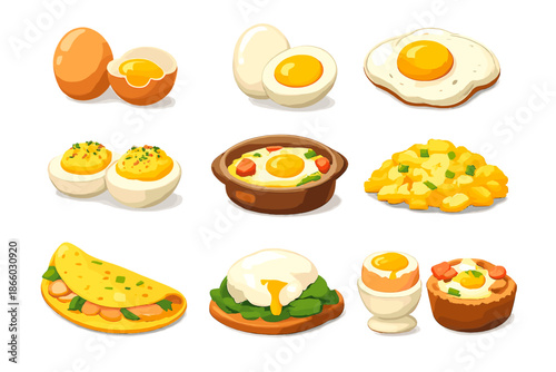 Assortment of delicious egg dishes on a warm background