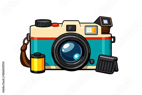 Retro Camera with Film Roll and Flash