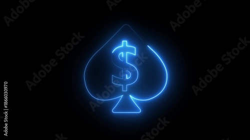 Neon poker spade animation, flickering emergence and fading. Glowing neon spade ace icon, glowing neon spade icon isolated on black background .