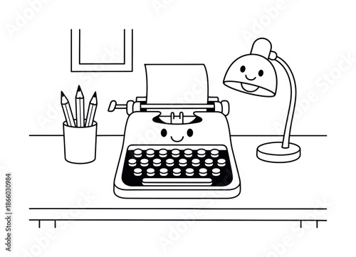 Writer's Desk Coloring Page. Writer?s desk children?s coloring book illustration, outlined drawing, old-fashioned typewriter on a tidy desk with pencils and a
