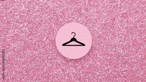 Shimmering pink glitter background with a minimalist black clothes hanger icon in a light pink circular frame, fashion shopping concept.