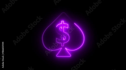 Glowing neon spade ace icon, looped animation. , spades suit, gambling card game, glowing on black background abstract gambling concept . card icon animation black background. card icon 4K motion .