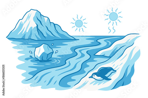 Penguin sliding down ice slope near iceberg and arctic landscape