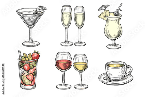 Collection of Six Hand-Drawn Drinks and Beverages