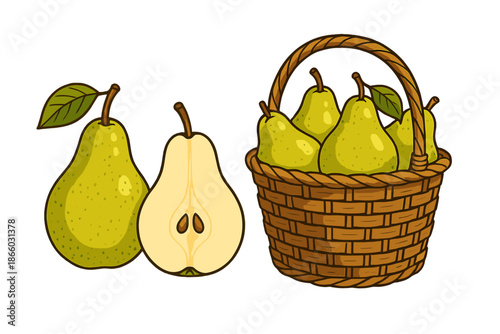 Basket of Ripe Pears with One Cut in Half