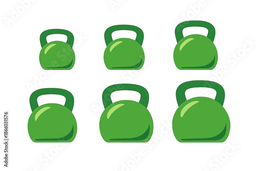 Six green kettlebells glowing with light