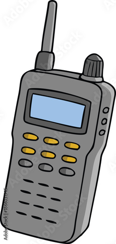 A simple cartoon illustration depicts a gray handheld walkie talkie device high quality professional