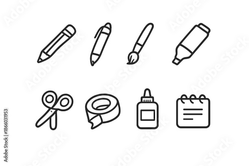 Stationery Icons Set on Gray Background