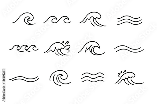 Collection of stylized wave icons with outline effect