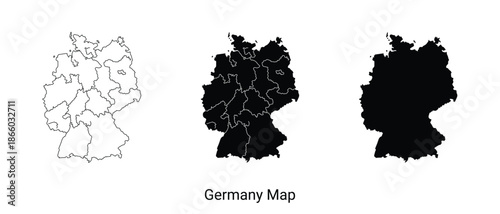 Three black and white map silhouettes of germany