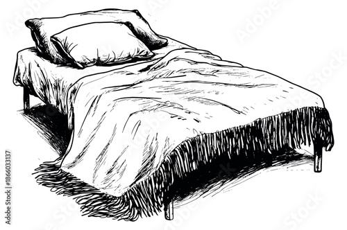 Hand drawn line art illustration of a bed depicting a pillow and a fringed blanket for bedroom comfort