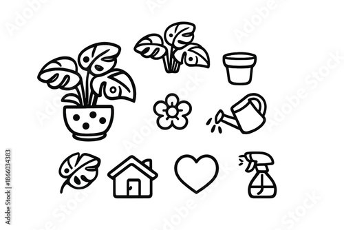 Set of cute gardening icons on a grey background