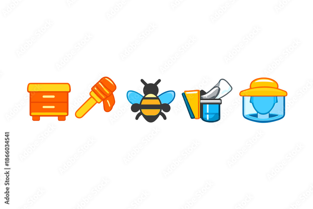 Fototapeta premium Beehive, honey dipper, bee, smoker, and beekeeper hat icons on a gradient background