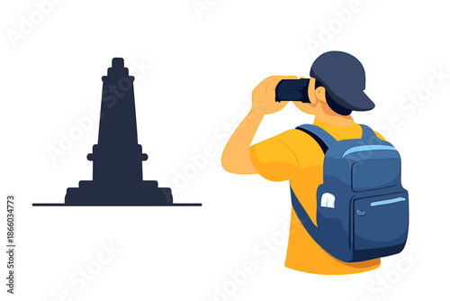 Person with backpack taking picture of monument