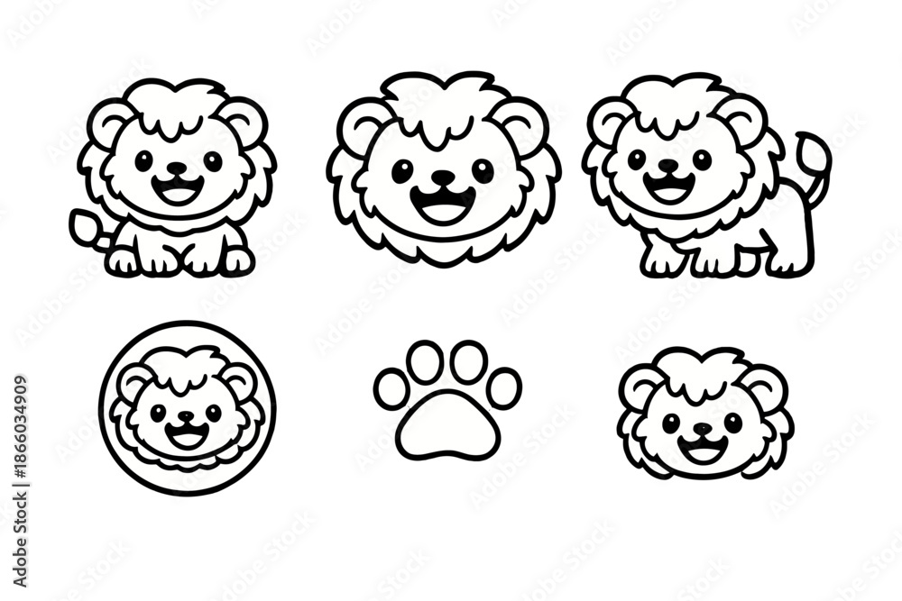 Fototapeta premium Cute cartoon lions and paw print