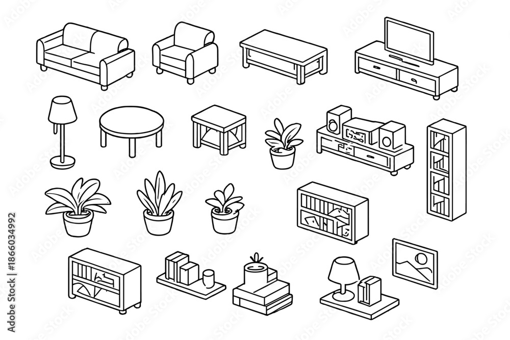 Fototapeta premium Isometric line art furniture and decor elements