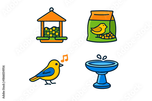 Bird feeder, bird seed bag, singing bird, and bird bath icons