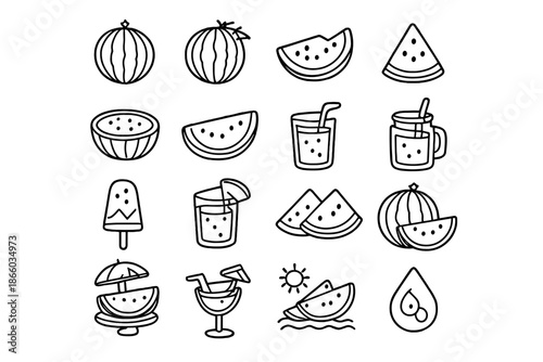 Watermelon icons set for summer drinks and treats