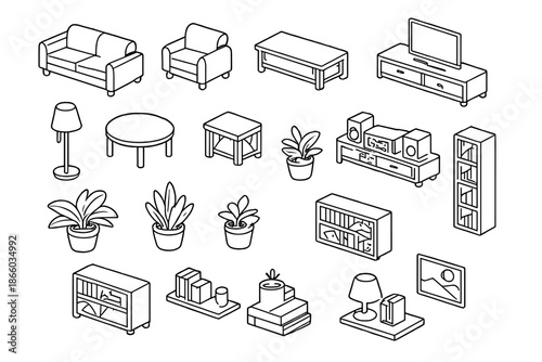 Isometric line art furniture and decor elements