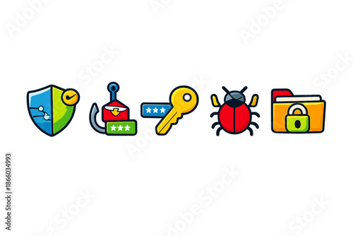 Cybersecurity Icons: Shield, Phishing, Password, Bug, Folder Lock