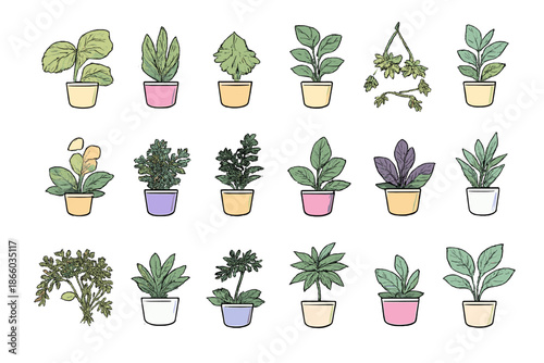 Collection of stylized potted plants on a gradient background.
