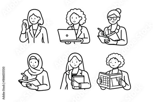 Diverse women in professional attire engaged in work activities