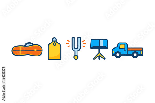 Flat design icons of musical items and a truck