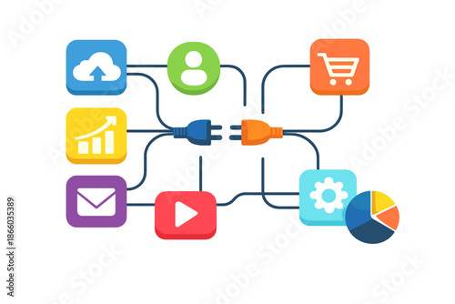 Connected business icons with glowing effect